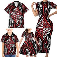 New Zealand Maori Taniko Family Matching Short Sleeve Bodycon Dress and Hawaiian Shirt Red Kowhaiwhai Puhoro