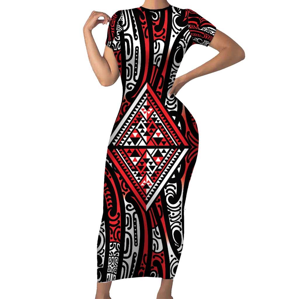 New Zealand Maori Taniko Family Matching Short Sleeve Bodycon Dress and Hawaiian Shirt Red Kowhaiwhai Puhoro