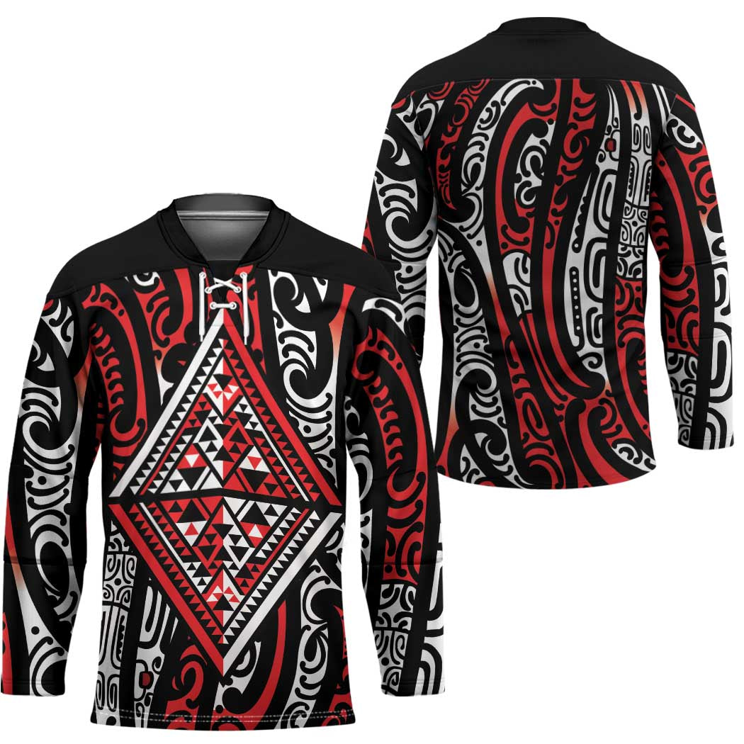 New Zealand Maori Taniko Hockey Jersey Red Kowhaiwhai Puhoro - Polynesian Pride
