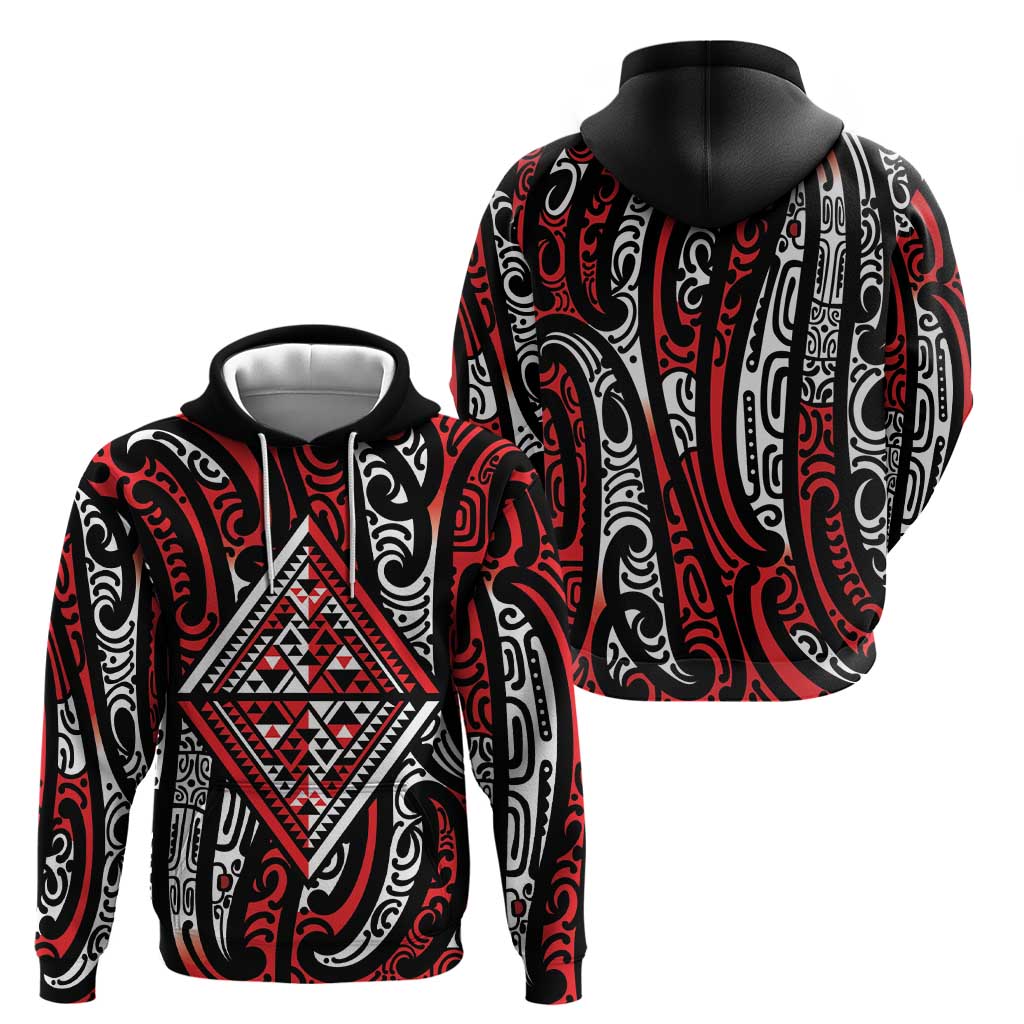 New Zealand Maori Taniko Hoodie Red Kowhaiwhai Puhoro