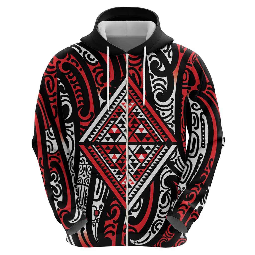 New Zealand Maori Taniko Hoodie Red Kowhaiwhai Puhoro