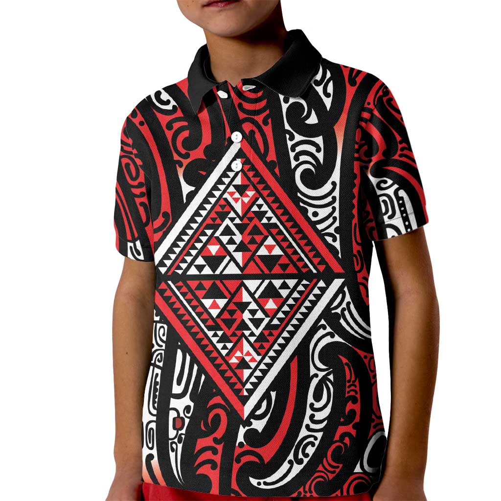 New Zealand Maori Taniko Kid Polo Shirt Red Kowhaiwhai Puhoro