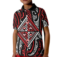 New Zealand Maori Taniko Kid Polo Shirt Red Kowhaiwhai Puhoro