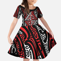 New Zealand Maori Taniko Kid Short Sleeve Dress Red Kowhaiwhai Puhoro