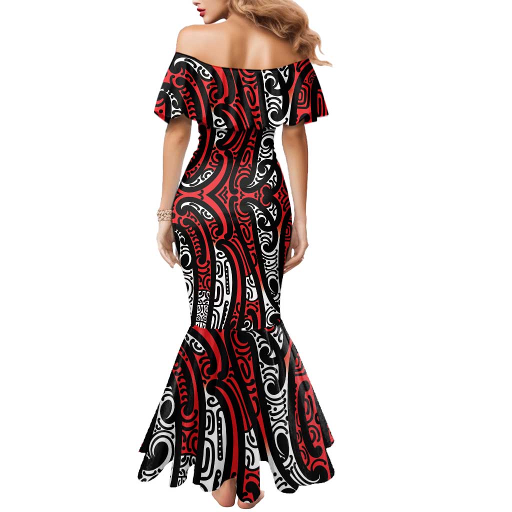New Zealand Maori Taniko Mermaid Dress Red Kowhaiwhai Puhoro