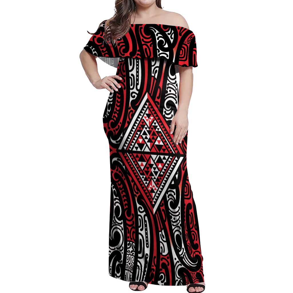 New Zealand Maori Taniko Off Shoulder Maxi Dress Red Kowhaiwhai Puhoro