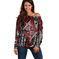 New Zealand Maori Taniko Off Shoulder Sweater Red Kowhaiwhai Puhoro