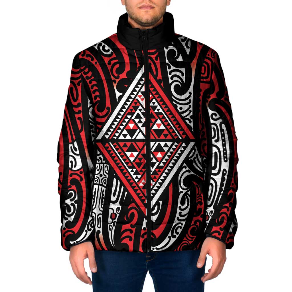 New Zealand Maori Taniko Padded Jacket Red Kowhaiwhai Puhoro - Polynesian Pride