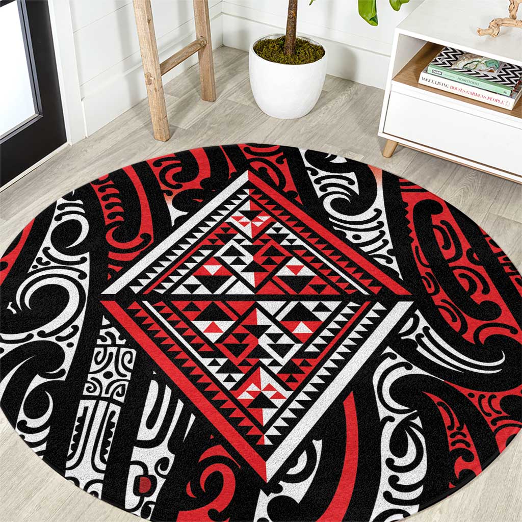 New Zealand Maori Taniko Round Carpet Red Kowhaiwhai Puhoro