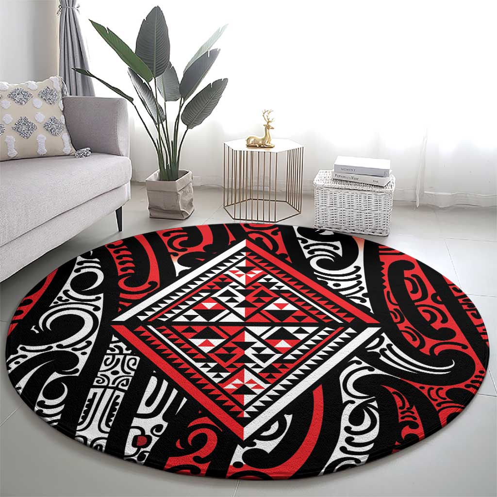 New Zealand Maori Taniko Round Carpet Red Kowhaiwhai Puhoro