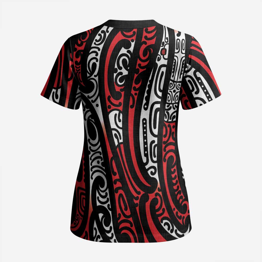 New Zealand Maori Taniko Scrub Top Red Kowhaiwhai Puhoro - Polynesian Pride