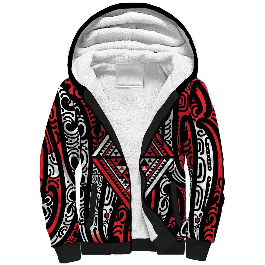 New Zealand Maori Taniko Sherpa Hoodie Red Kowhaiwhai Puhoro