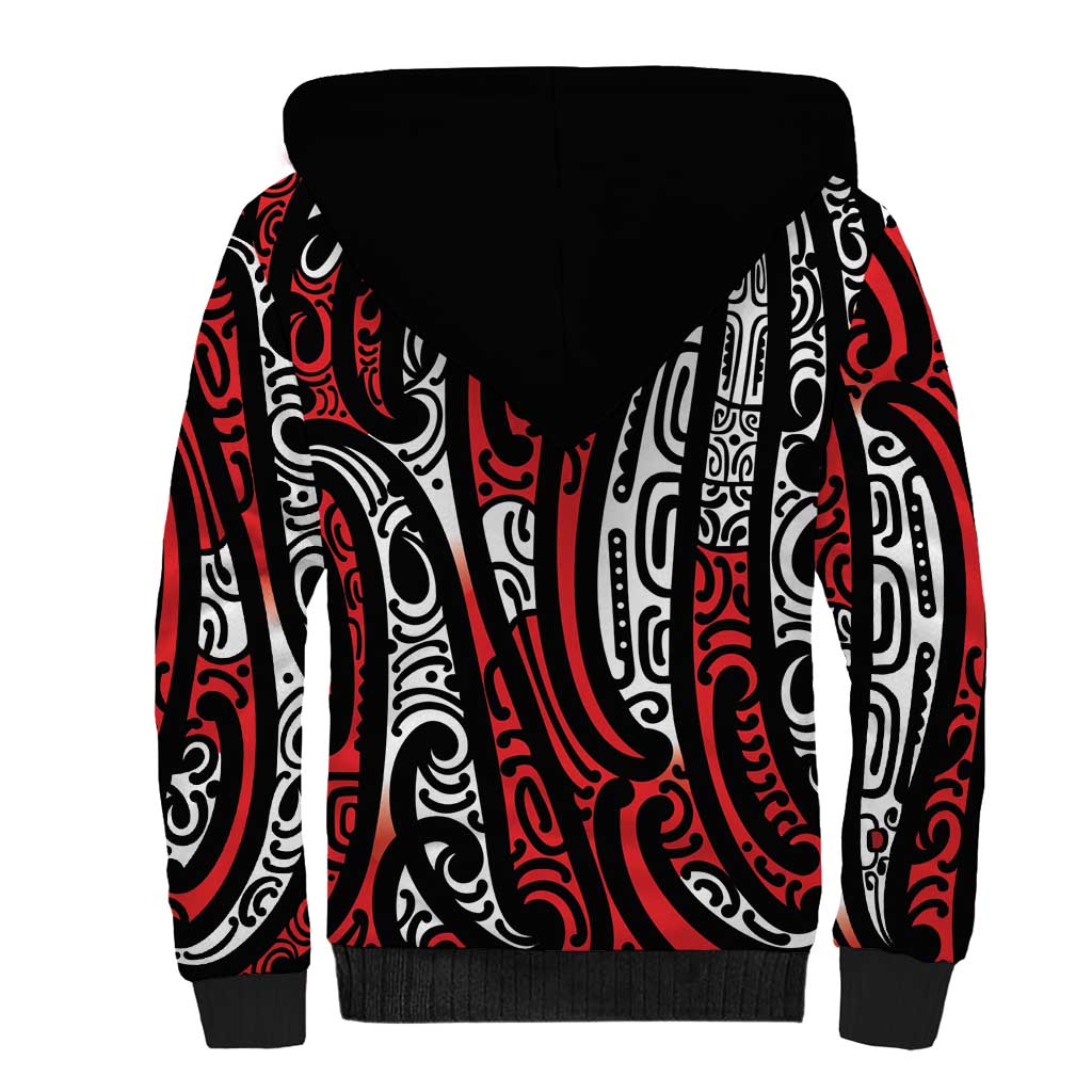 New Zealand Maori Taniko Sherpa Hoodie Red Kowhaiwhai Puhoro