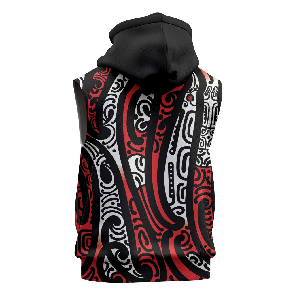 New Zealand Maori Taniko Sleeveless Hoodie Red Kowhaiwhai Puhoro - Polynesian Pride