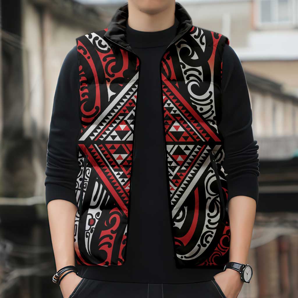 New Zealand Maori Taniko Sleeveless Puffer Jacket Red Kowhaiwhai Puhoro - Polynesian Pride