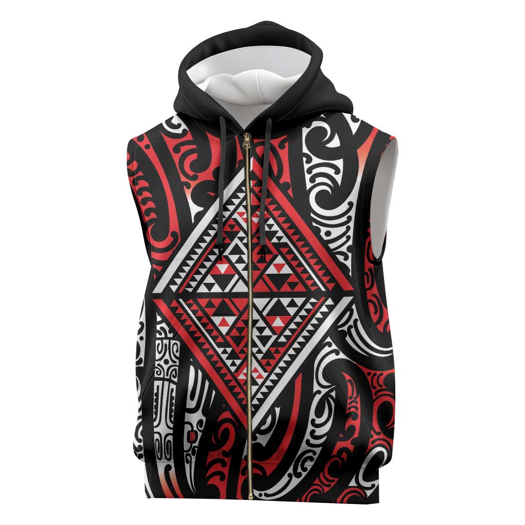 New Zealand Maori Taniko Sleeveless Zip Hoodie Red Kowhaiwhai Puhoro - Polynesian Pride