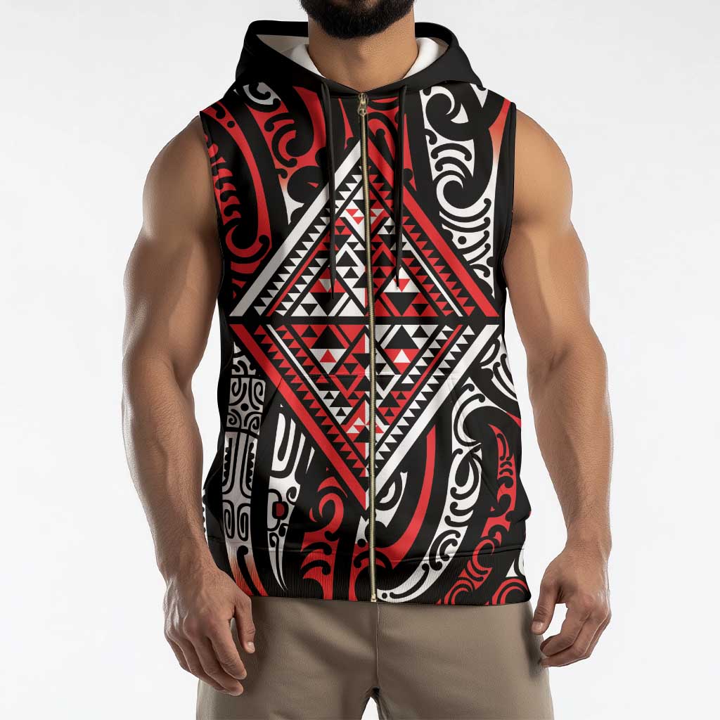 New Zealand Maori Taniko Sleeveless Zip Hoodie Red Kowhaiwhai Puhoro - Polynesian Pride