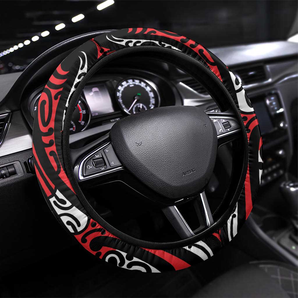New Zealand Maori Taniko Steering Wheel Cover Red Kowhaiwhai Puhoro