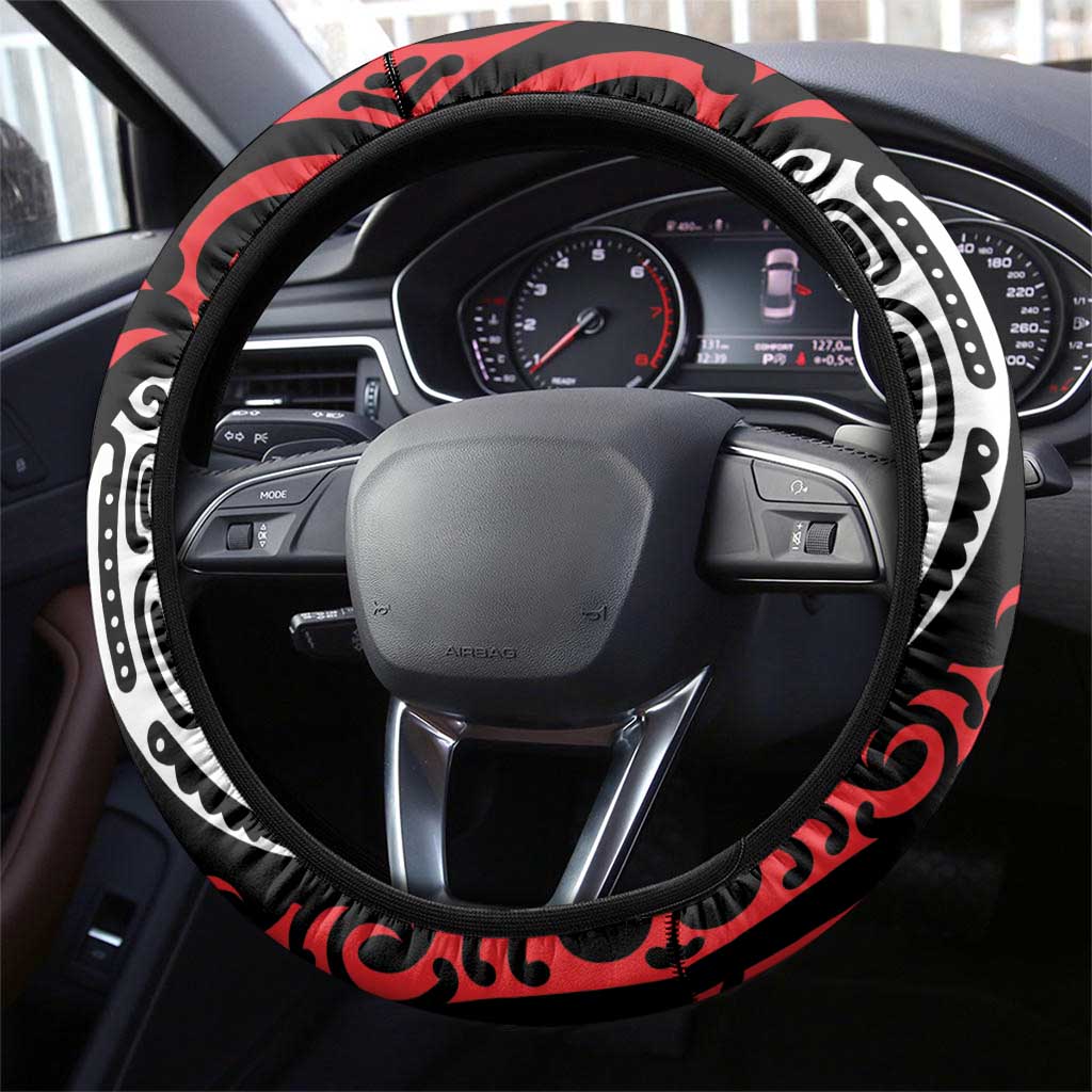 New Zealand Maori Taniko Steering Wheel Cover Red Kowhaiwhai Puhoro