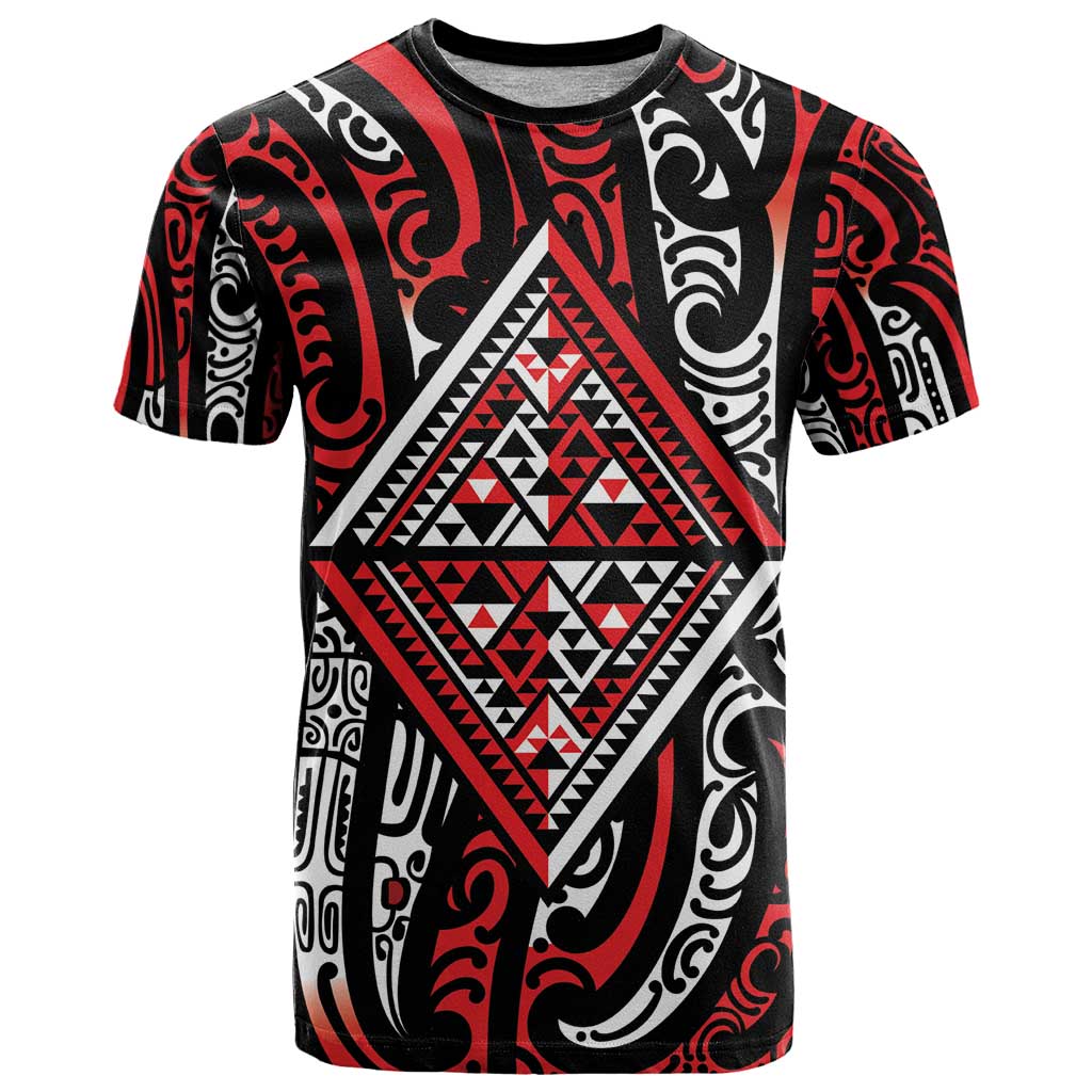 New Zealand Maori Taniko T Shirt Red Kowhaiwhai Puhoro