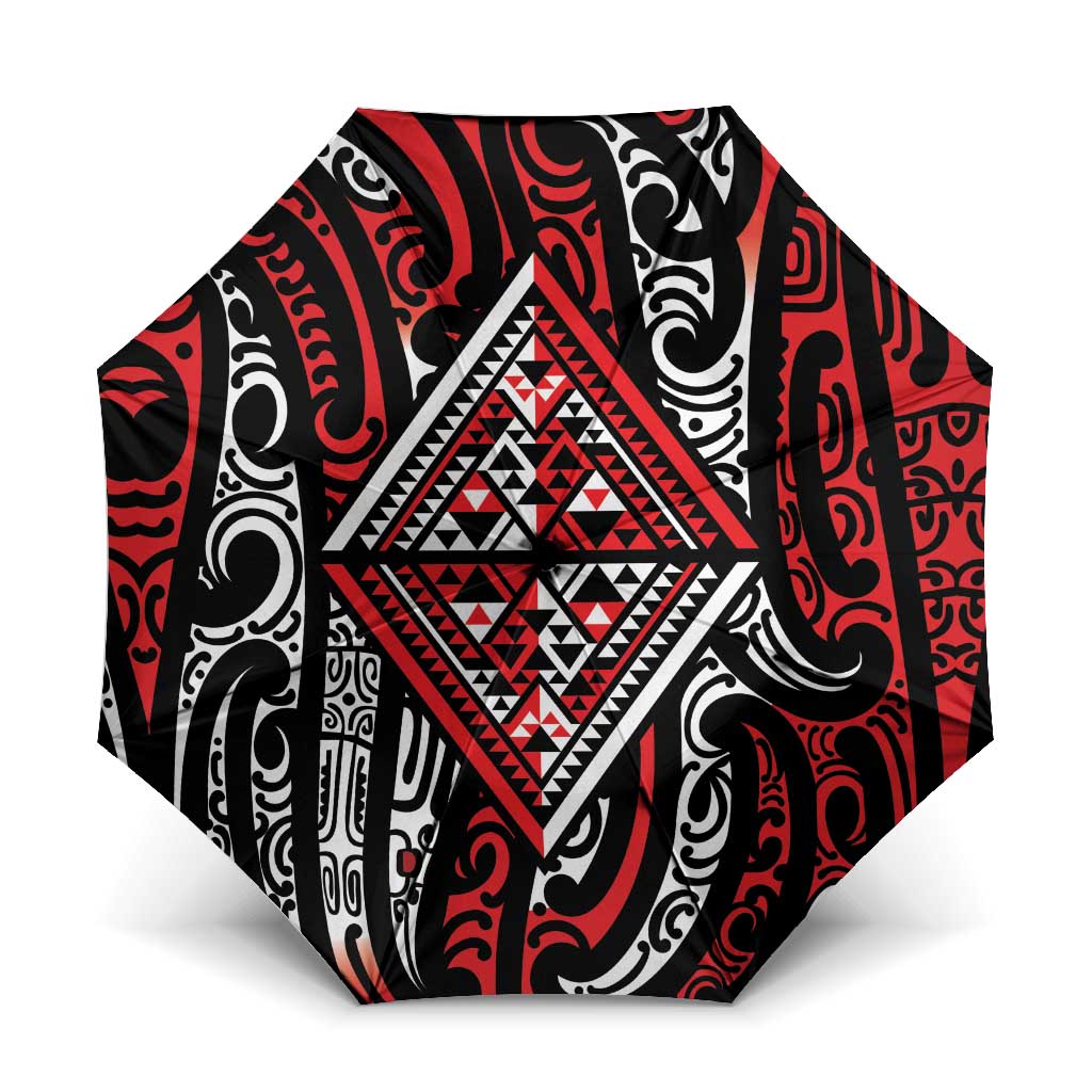New Zealand Maori Taniko Umbrella Red Kowhaiwhai Puhoro - Polynesian Pride