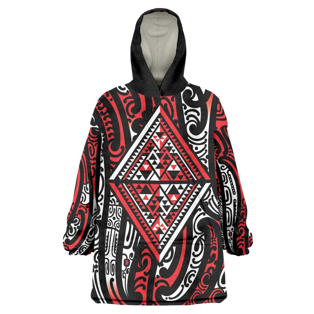 New Zealand Maori Taniko Wearable Blanket Hoodie Red Kowhaiwhai Puhoro