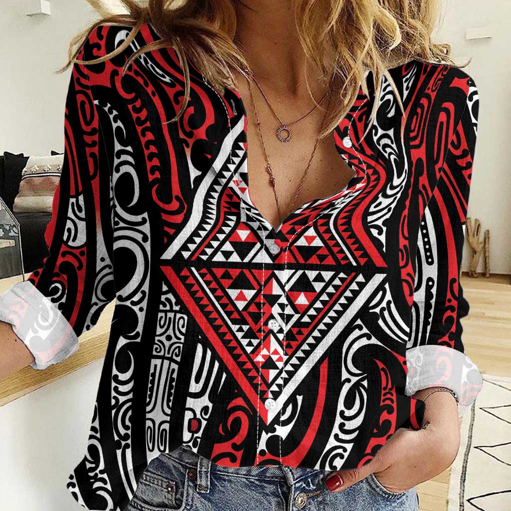 New Zealand Maori Taniko Women Casual Shirt Red Kowhaiwhai Puhoro