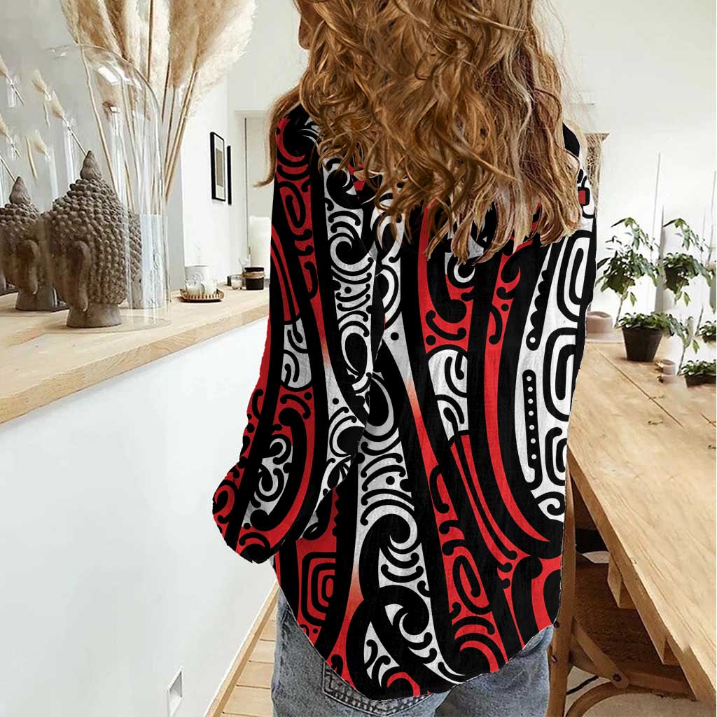 New Zealand Maori Taniko Women Casual Shirt Red Kowhaiwhai Puhoro