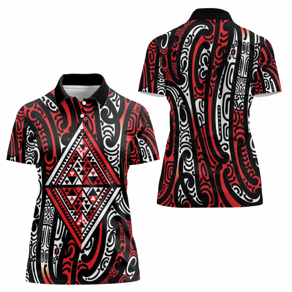 New Zealand Maori Taniko Women Polo Shirt Red Kowhaiwhai Puhoro