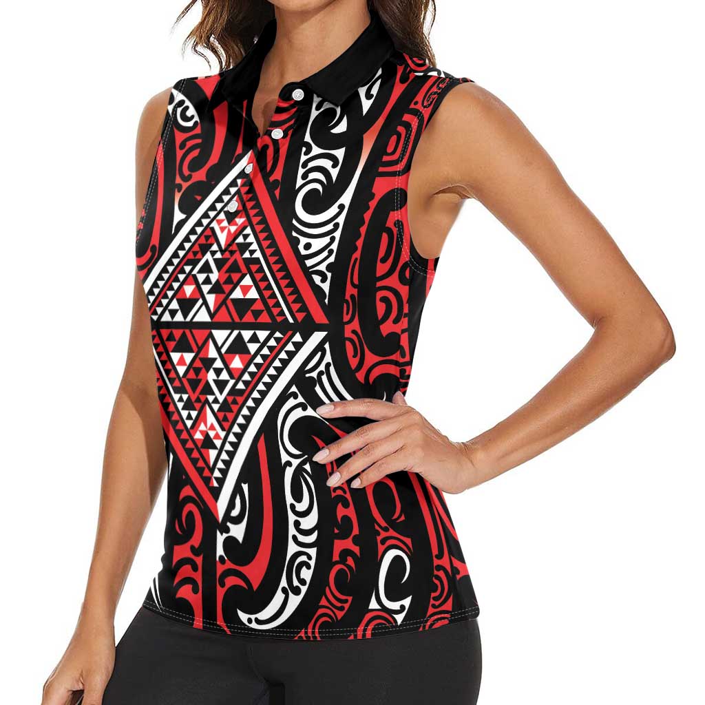 New Zealand Maori Taniko Women Sleeveless Polo Shirt Red Kowhaiwhai Puhoro