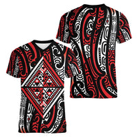 New Zealand Maori Taniko Women V-Neck T-Shirt Red Kowhaiwhai Puhoro