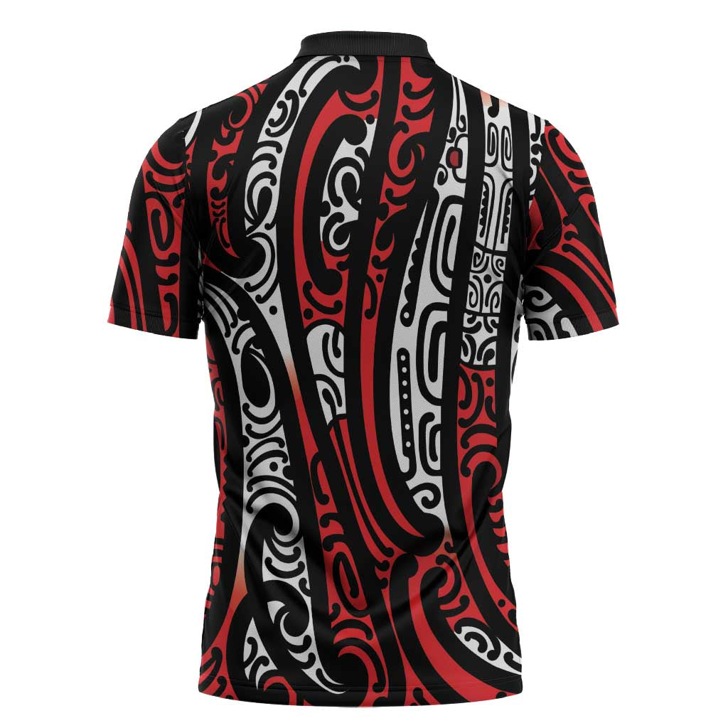 New Zealand Maori Taniko Zipper Polo Shirt Red Kowhaiwhai Puhoro - Polynesian Pride