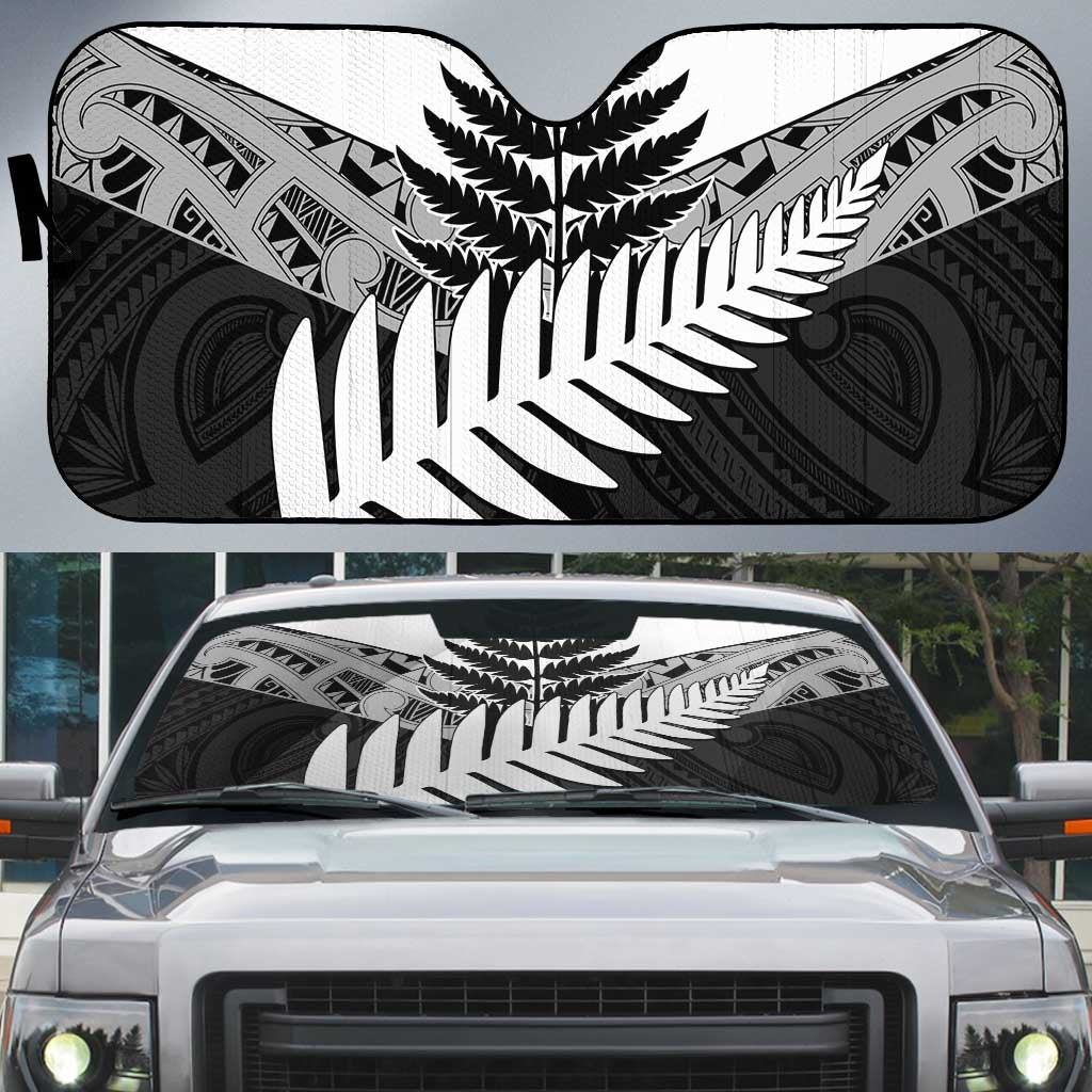 New Zealand Silver Fern Auto Sun Shade Maori Koru Mixed Taniko Pattern - Polynesian Pride