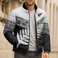New Zealand Silver Fern Bomber Puffer Jacket Maori Koru Mixed Taniko Pattern - Polynesian Pride