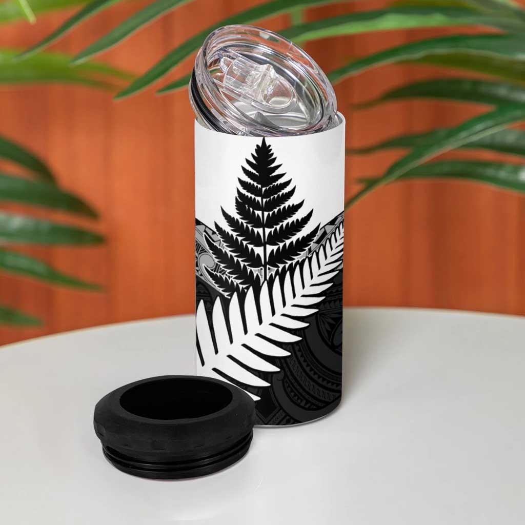 New Zealand Silver Fern 4 in 1 Can Cooler Tumbler Maori Koru Mixed Taniko Pattern
