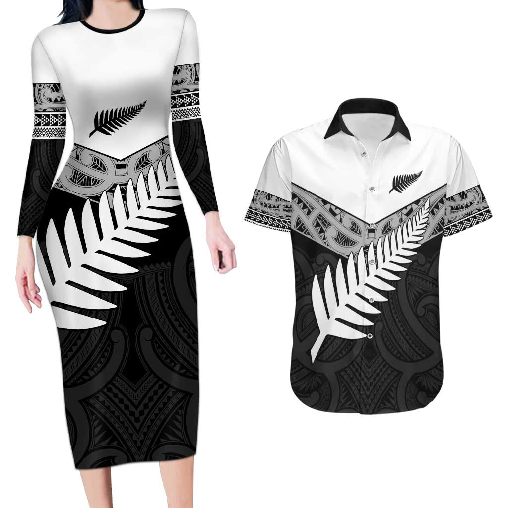 New Zealand Silver Fern Couples Matching Long Sleeve Bodycon Dress and Hawaiian Shirt Maori Koru Mixed Taniko Pattern