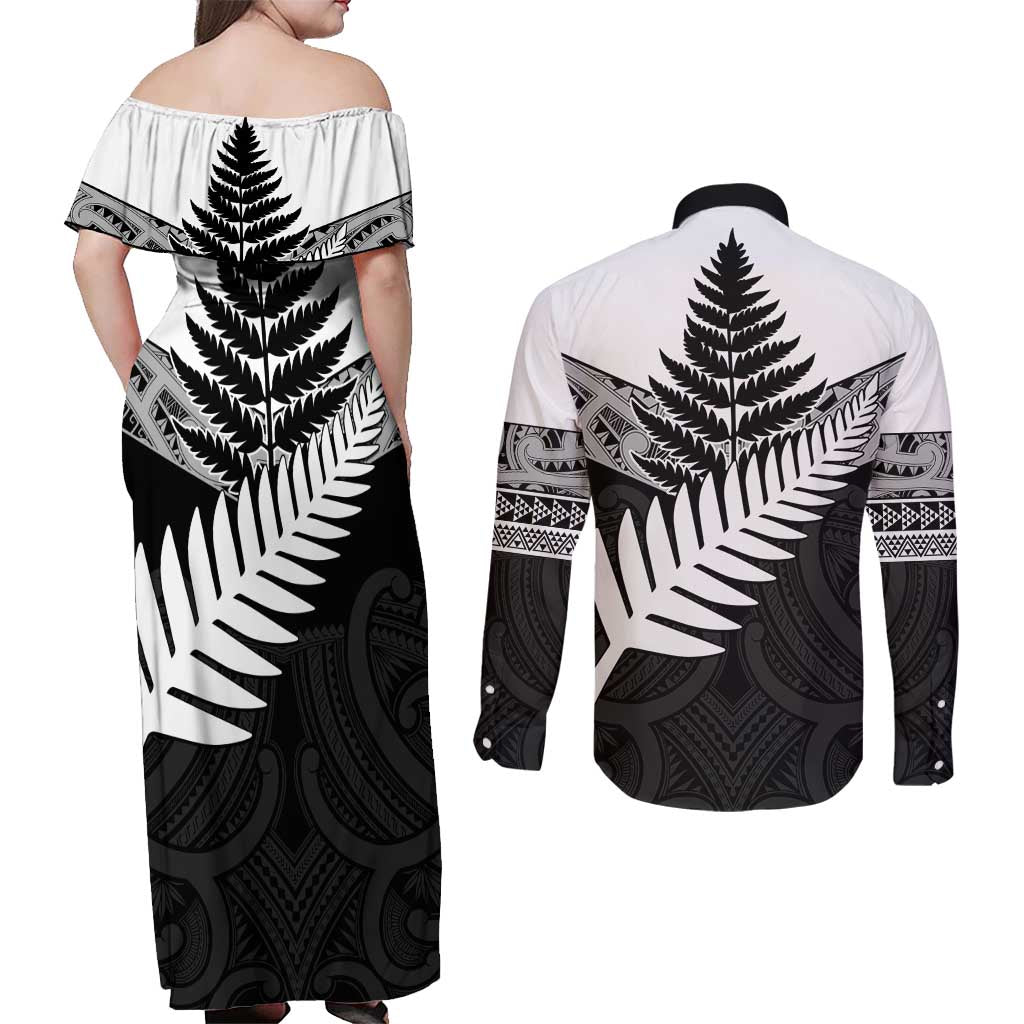 New Zealand Silver Fern Couples Matching Off Shoulder Maxi Dress and Long Sleeve Button Shirt Maori Koru Mixed Taniko Pattern