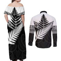 New Zealand Silver Fern Couples Matching Off Shoulder Maxi Dress and Long Sleeve Button Shirt Maori Koru Mixed Taniko Pattern
