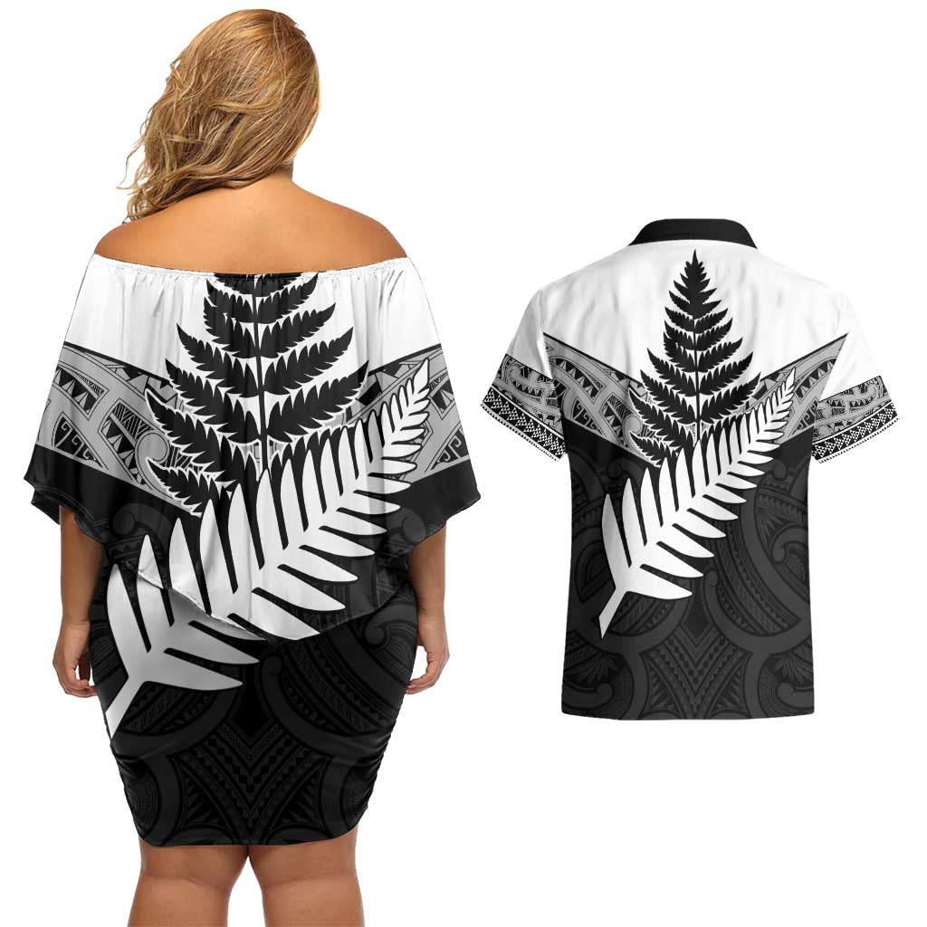 New Zealand Silver Fern Couples Matching Off Shoulder Short Dress and Hawaiian Shirt Maori Koru Mixed Taniko Pattern