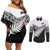 New Zealand Silver Fern Couples Matching Off Shoulder Short Dress and Long Sleeve Button Shirt Maori Koru Mixed Taniko Pattern