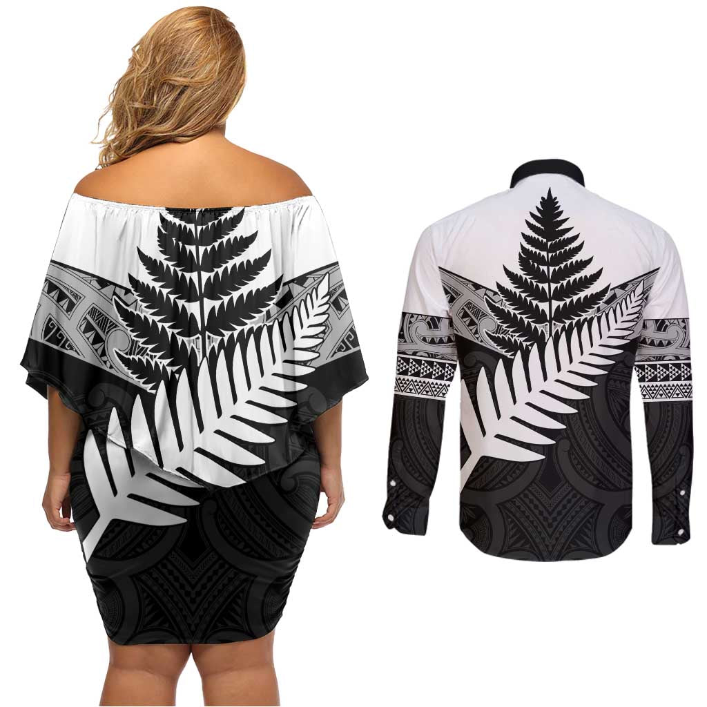 New Zealand Silver Fern Couples Matching Off Shoulder Short Dress and Long Sleeve Button Shirt Maori Koru Mixed Taniko Pattern