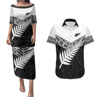 New Zealand Silver Fern Couples Matching Puletasi and Hawaiian Shirt Maori Koru Mixed Taniko Pattern