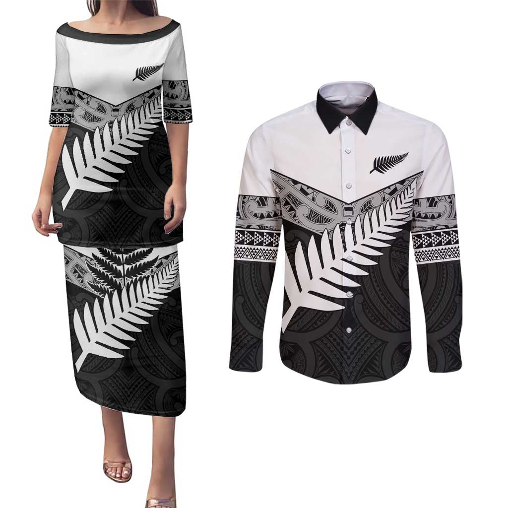 New Zealand Silver Fern Couples Matching Puletasi and Long Sleeve Button Shirt Maori Koru Mixed Taniko Pattern