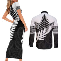 New Zealand Silver Fern Couples Matching Short Sleeve Bodycon Dress and Long Sleeve Button Shirt Maori Koru Mixed Taniko Pattern