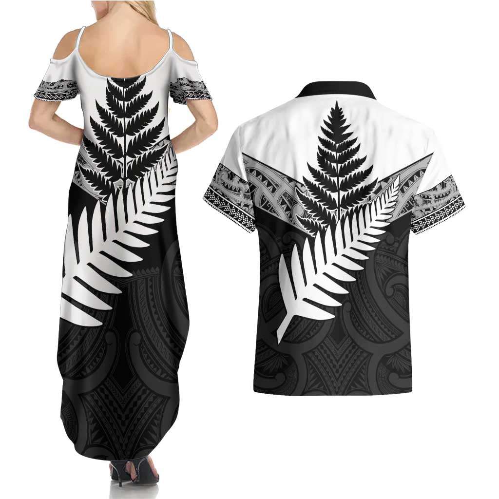 New Zealand Silver Fern Couples Matching Summer Maxi Dress and Hawaiian Shirt Maori Koru Mixed Taniko Pattern