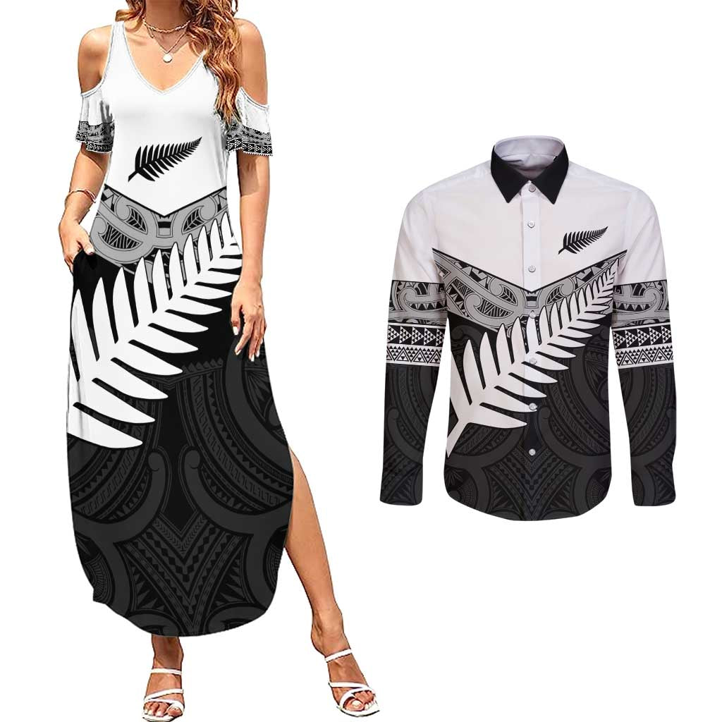 New Zealand Silver Fern Couples Matching Summer Maxi Dress and Long Sleeve Button Shirt Maori Koru Mixed Taniko Pattern