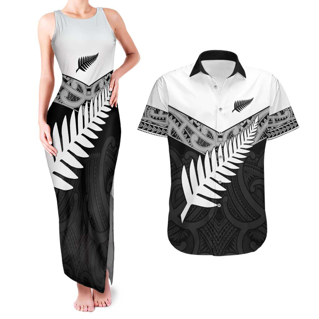 New Zealand Silver Fern Couples Matching Tank Maxi Dress and Hawaiian Shirt Maori Koru Mixed Taniko Pattern