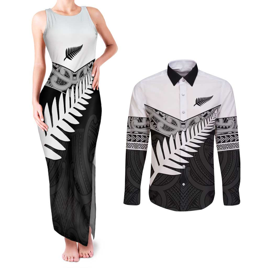 New Zealand Silver Fern Couples Matching Tank Maxi Dress and Long Sleeve Button Shirt Maori Koru Mixed Taniko Pattern