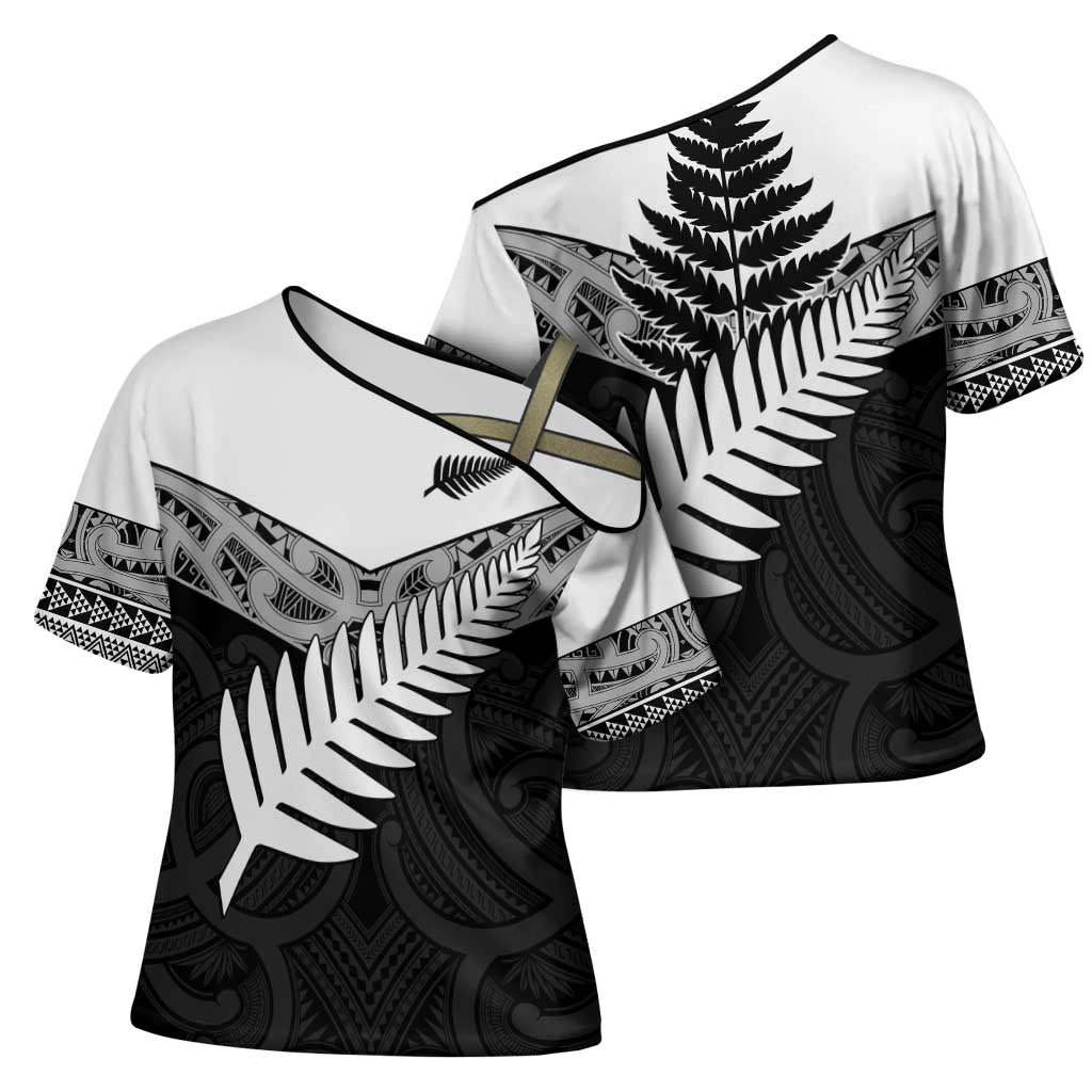 New Zealand Silver Fern Cross Shoulder Shirt Maori Koru Mixed Taniko Pattern - Polynesian Pride