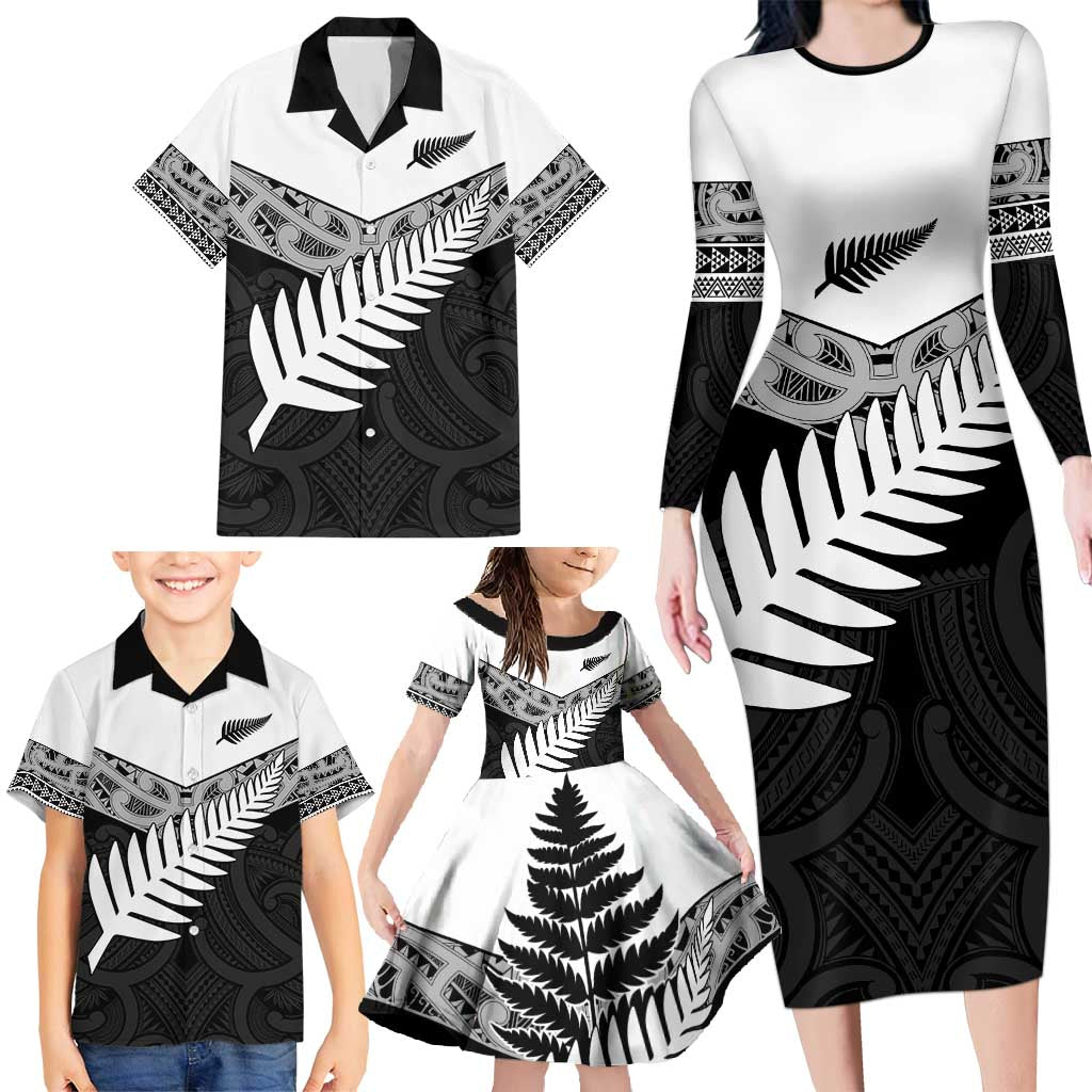 New Zealand Silver Fern Family Matching Long Sleeve Bodycon Dress and Hawaiian Shirt Maori Koru Mixed Taniko Pattern